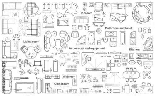 Set of furniture top view for apartments plan. The layout of the apartment design, technical drawing. Interior icon for bathrooms, living room, kitchen, bedroom, hallway . Vector illustration.