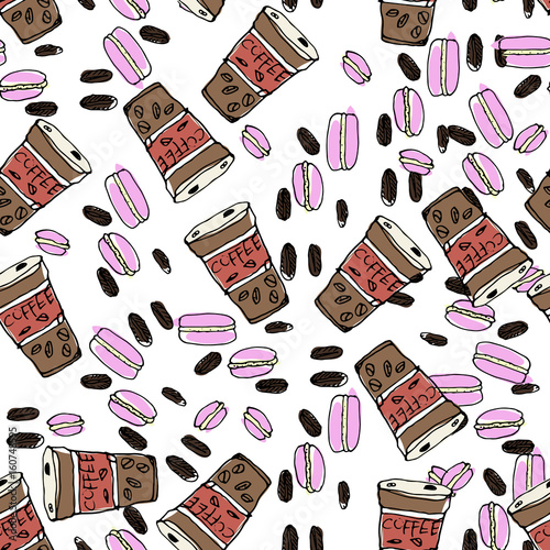 Hand Drawn Illustration. Macaroni, coffee, sweets, coffee beans.
