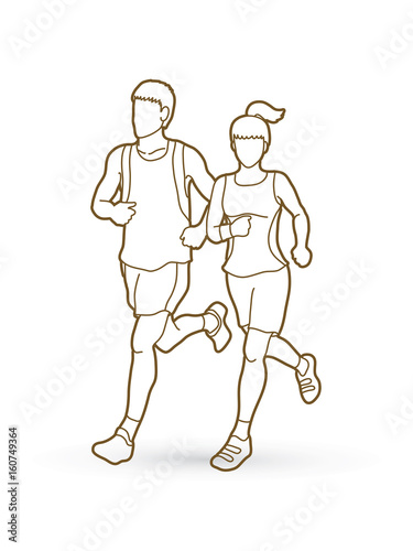 Man and woman running together  marathon runner outline stroke graphic vector