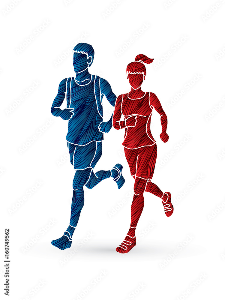Man and woman running together, marathon runner designed using blue and red grunge brush graphic vector