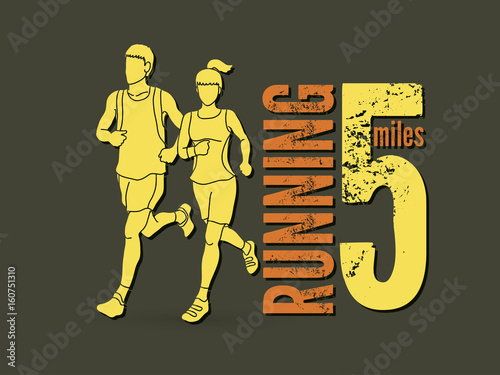 Man and woman running together with text marathon running number graphic vector.