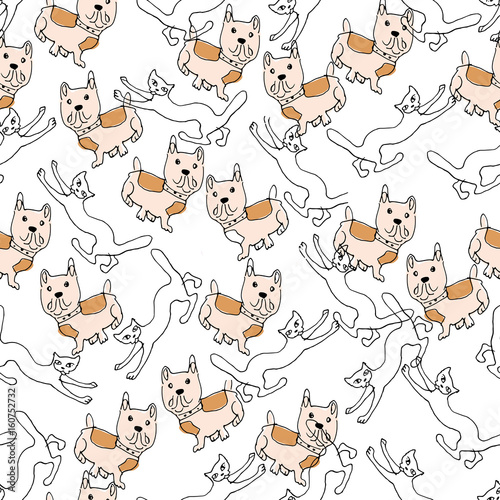 Hand Drawn Illustration. French Bulldog, Сats. Paris theme.