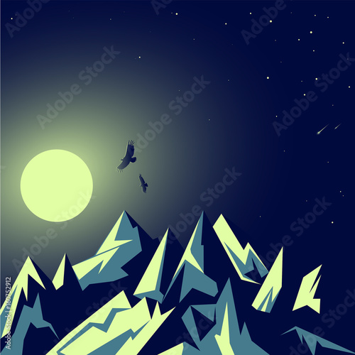 Moonlight  the moon. Rocky emerald mountains. Night landscape. Flickering stars. Eagles in flight. Tourism and wild nature. Vector image.