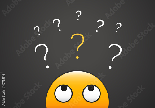 Cute emoji looking up to stack of question marks. Vector illustration for learning, curiosity, doubt, questioning concepts