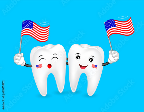 Cute cartoon tooth character waving american flag. Happy Independence Day. Illustration isolated on blue background.