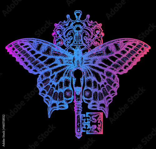 Esoteric neon butterfly and key tattoo art. Mystical symbol of freedom, spiritual search, flight, travel. Beautiful butterfly t-shirt design boho style