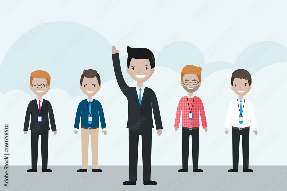 Cartoon businessman standing in front of the group, raising his hand up Cartoon businessman standing in front of the group, raising his hand up