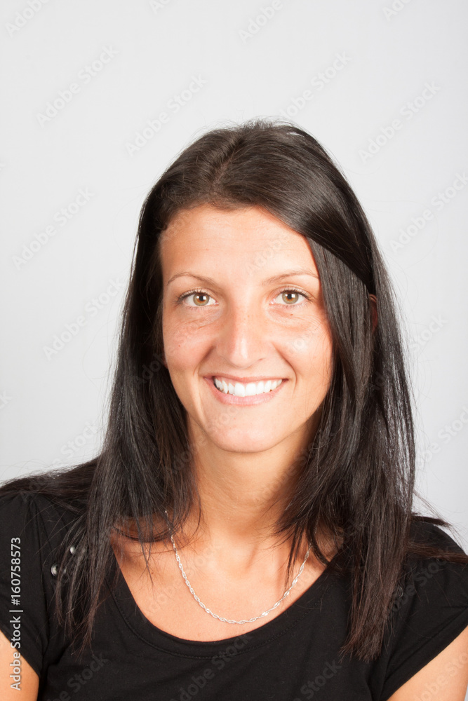 portrait girl 35 years in black wears smiling portrait girl 35 years in black wears smiling
