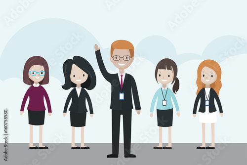Cartoon businessman standing in front of the group, raising his hand up