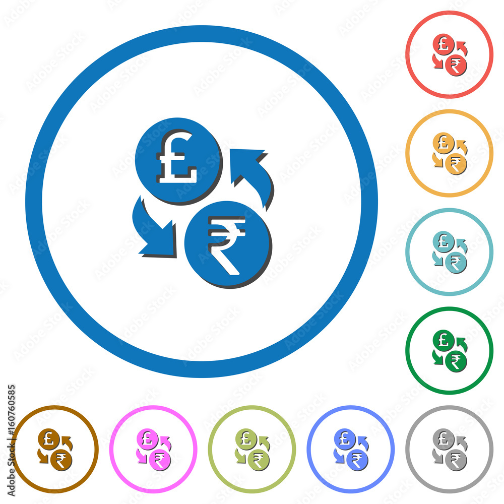 Pound Rupee money exchange icons with shadows and outlines Pound Rupee money exchange icons with shadows and outlines