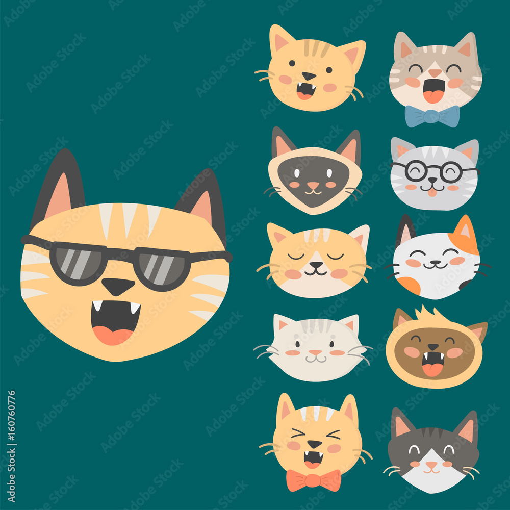 Obraz premium Cats heads vector illustration cute animal funny decorative characters feline domestic trendy pet drawn