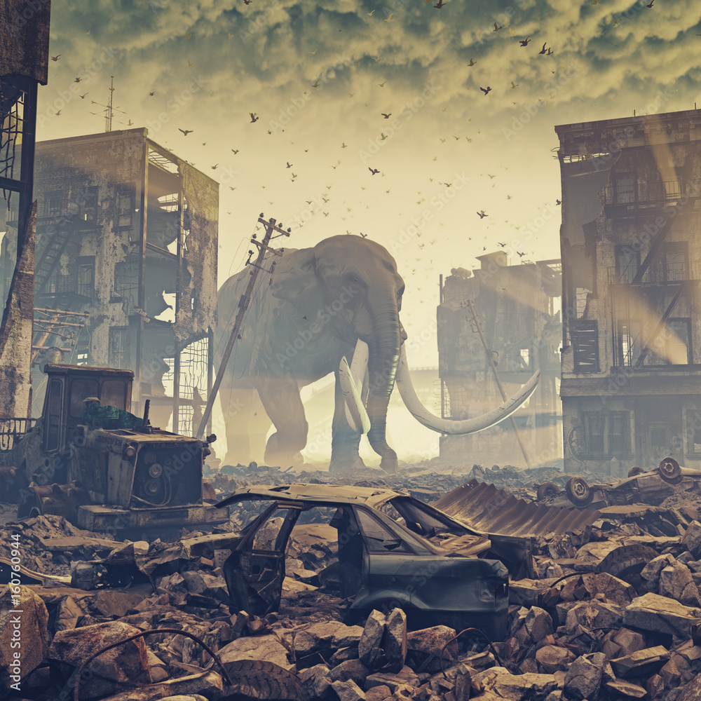 giant elephant in destroyed city - obrazy, fototapety, plakaty 