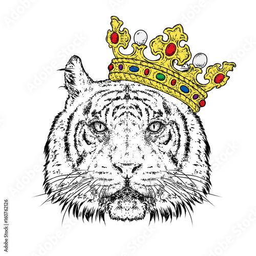 Fototapeta Naklejka Na Ścianę i Meble -  Beautiful tiger in the crown. Vector illustration for a postcard or a poster, print for clothes. Predator. Wild cat.
