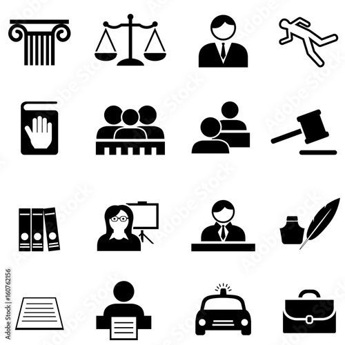 Justice, legal, law and lawyer icon set