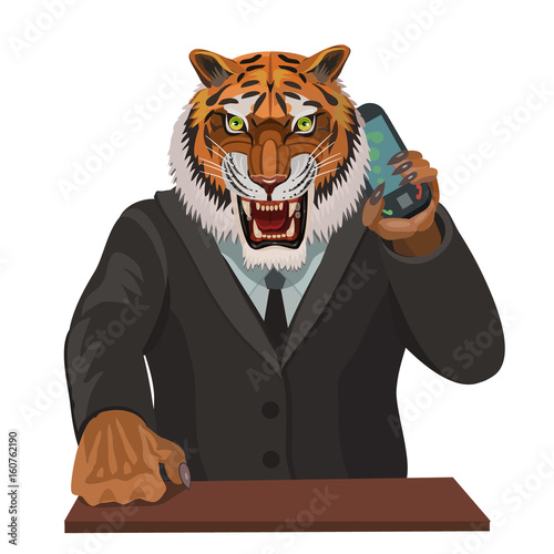 Tiger angry talking on a cell phone/ Tiger angry talking on a cell phone, a supervisor gives instructions or disobeys the instructions, to make a screensaver on your phone who is calling you?
