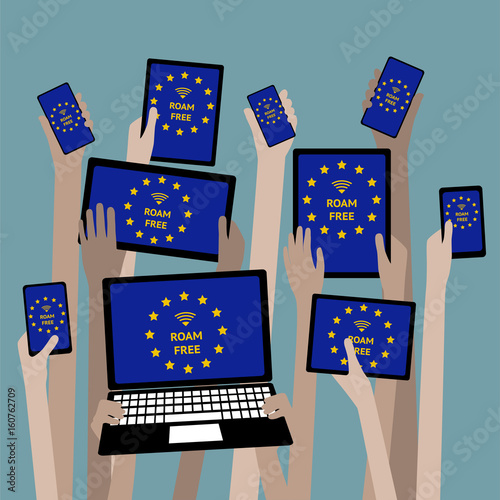 Hands with Devices European Union Roam Free  WIFI with Eurozone Stars
