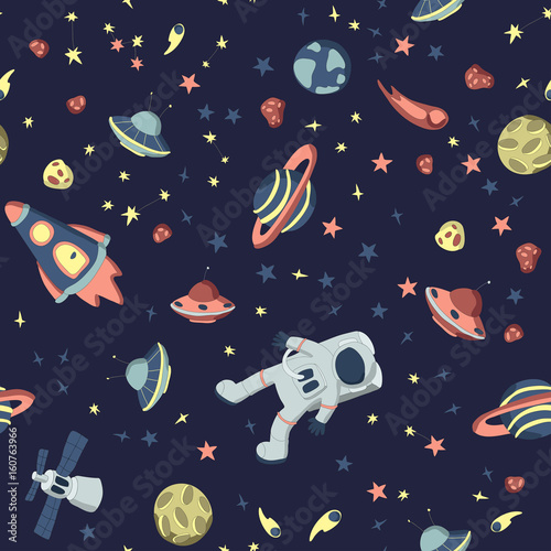 Tapety Wzór na temat przestrzeni kosmicznej. Astronauta w otwartym kosmosie, statkach kosmicznych i zestawie różnych planet, gwiazd i asteroid. Ilustracja wektorowa na ciemnym tle.