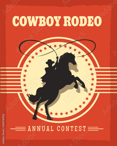 Old west cowboys rodeo retro poster vector illustration with gaucho on horse