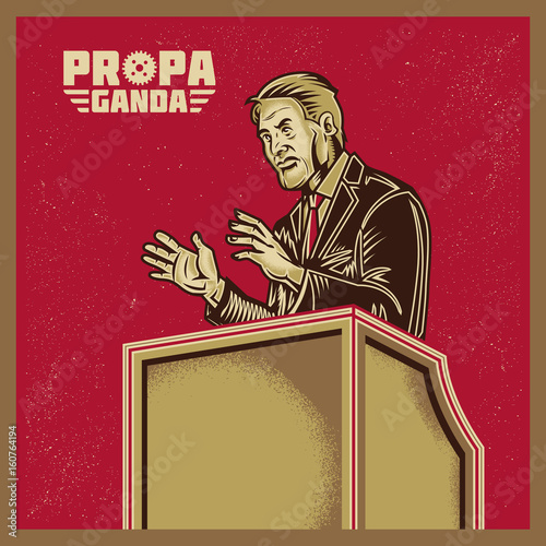 Vintage propaganda campaign and elements. Retro Clip art of a leader or politician giving speech on podium. Isolated artwork object. Suitable for and any print media need.
