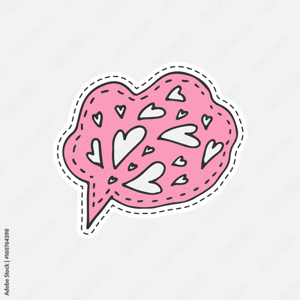 Isolated vector illustration in patch style. Speaking cloud hand drawn sticker with hearts. Isolated vector illustration in patch style. Speaking cloud hand drawn sticker with hearts.