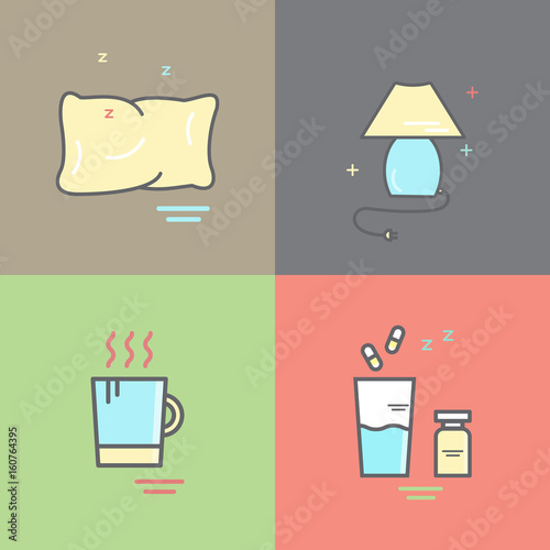 Sleep and insomnia line icons. Four cute color elements.