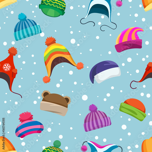 Retro winter clothes seamless pattern. Warm woolly and knitted hats vector background