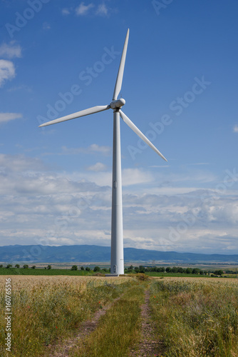 Wheat field with wind turbine in a cloudy sky © popovj2