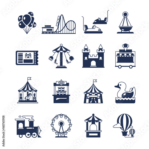 Carnival in amusement park with carousel and circus. Attractions vector icons
