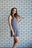 Beautiful girl posing on a brick background