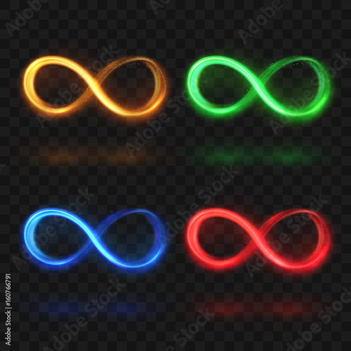 Abstract glittering infinity or eternal magic light loop vector symbols. Colorful brightness icons
