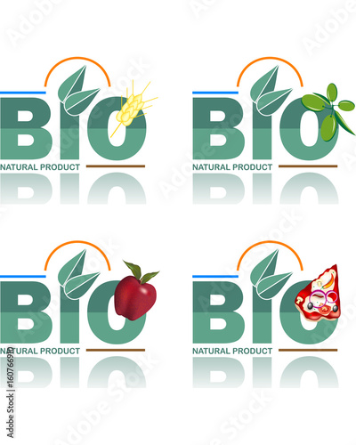 
Bio logo labels of health food. Olive oil, fruit, wheat, gluten free pizza