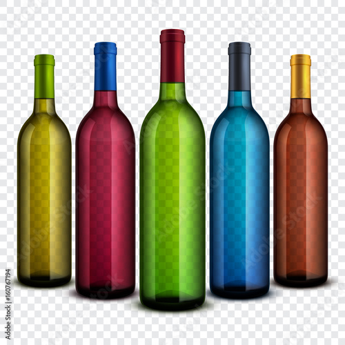 Realistic transparent glass wine bottles isolated on checkered background vector set