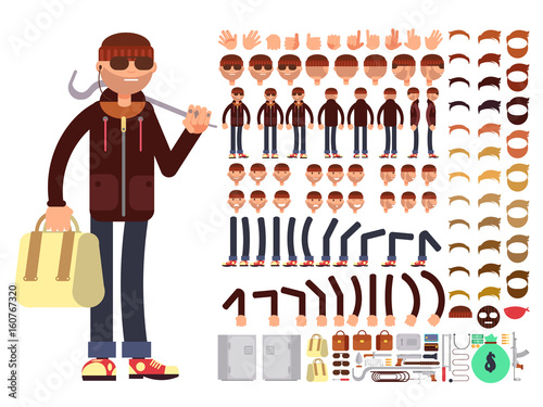Thief or bandit vector character creation constructor. Robber man with black mask and big set of body parts
