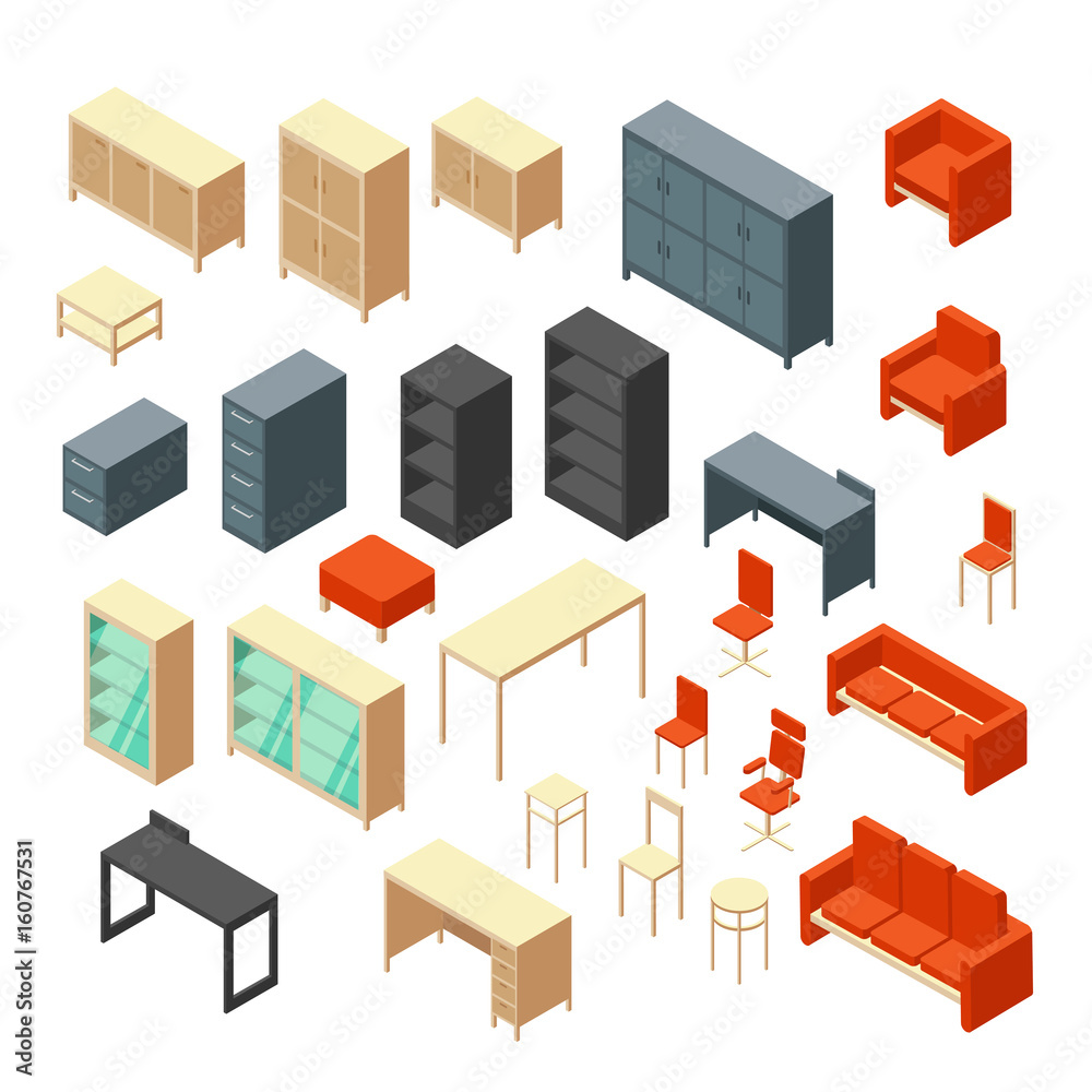 Isometric 3d office furniture isolated. Interior elements vector set