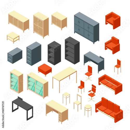 Isometric 3d office furniture isolated. Interior elements vector set