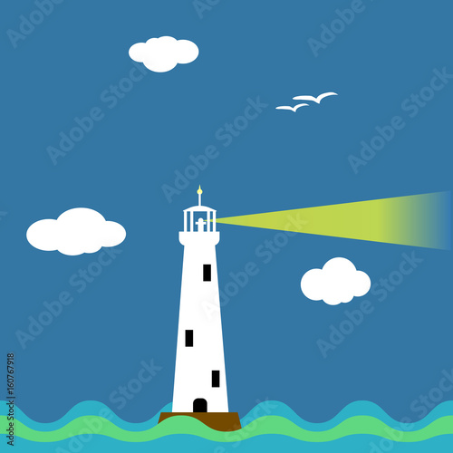 Lighthouse on ocean cartoon background vector illustration.