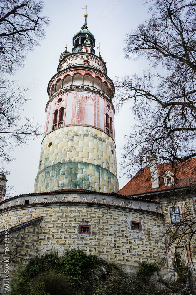 CESKY KRUMLOV, CZECH REPUBLIC- April 16, 2017 : Round tower of Cesky Krumlov castle, Czech Republic