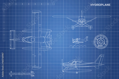 Engineering blueprint of plane. Hydroplane view: top, side and front. Industrial drawing of aircraft