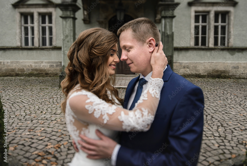 Lovely kiss on a background of the castle Lovely kiss on a background of the castle