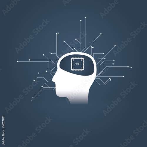 Artificial intelligence or ai concept with human or android head and cpu instead of brain. Future technology symbol of robotization and automatization.