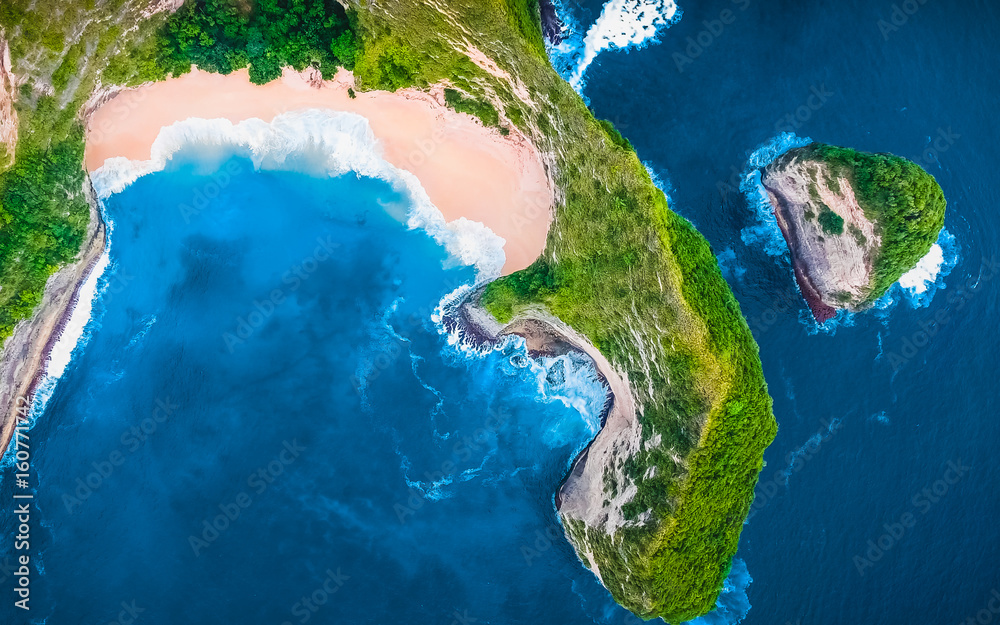 Aerial Top View Background. Flying Drone Above Beautiful Blue Sea Water. Wonderful Panoramic Landscape. Ocean Waves Background. Tropical Beach View. Crystal Waves. Clean, Blue Background. Green View