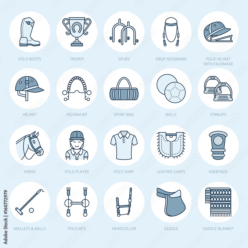 Horse polo flat line icons. Vector illustration of horses sport game, equestrian equipment - saddle, leather boots, harness, spurs. Linear signs set, championship pictograms for event, gear store. Horse polo flat line icons. Vector illustration of horses sport game, equestrian equipment - saddle, leather boots, harness, spurs. Linear signs set, championship pictograms for event, gear store.