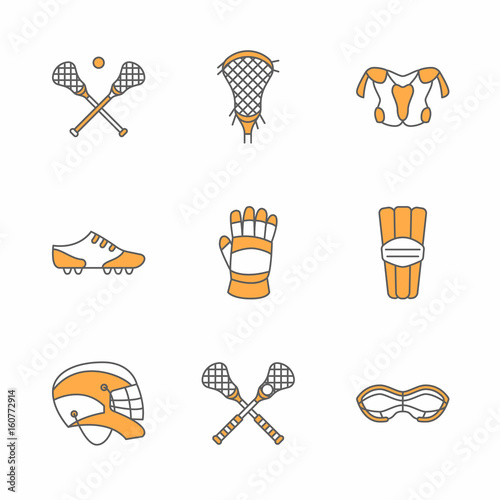 Lacrosse sport game vector line icons. Ball, stick, helmet, gloves, girls goggles. Linear colored signs set, championship pictograms with editable stroke for event, equipment store.