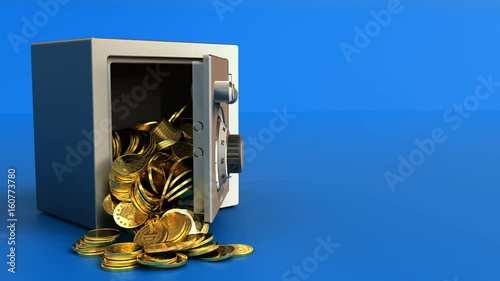 3d animation of steel safe opening and golden coins fall