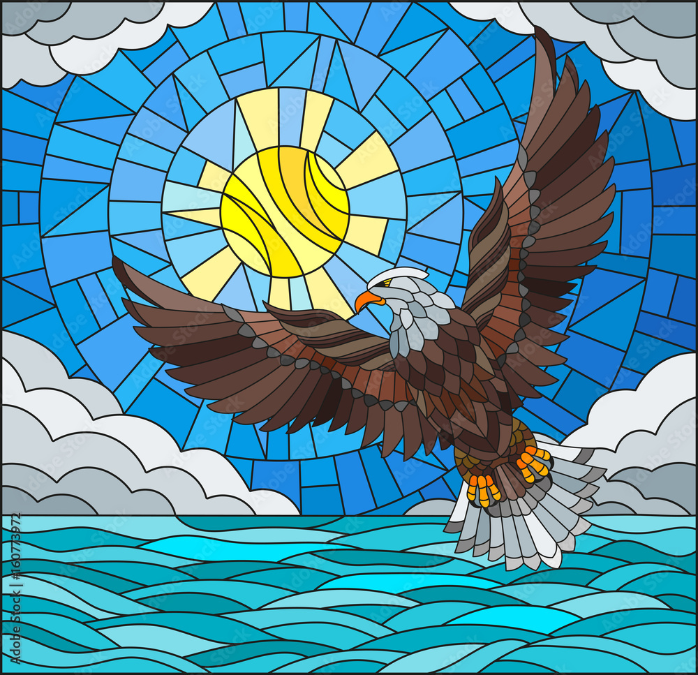 Fototapeta premium Illustration in stained glass style eagle on the background of sky, sun , clouds and water