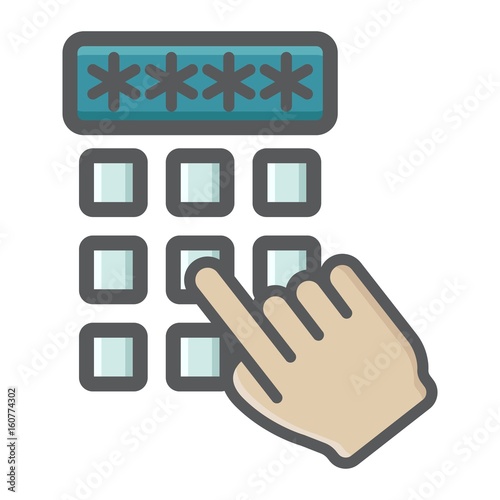 Hand finger entering pin code colorful icon, unlock and password, vector graphics, a filled pattern on a white background, eps 10.