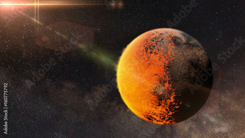 Fototapeta Naklejka Na Ścianę i Meble -  tidally locked alien planet with a molten and a rocky side lit by a nearby sun