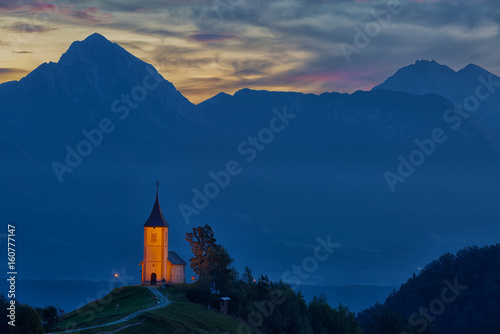 St. Primoz church in Jamnik at sunrise, Slovenia
