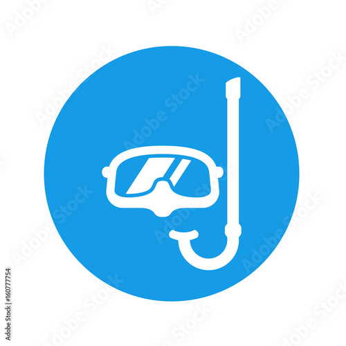 Icono plano gafas buzo y snorkel blanco en circulo azul