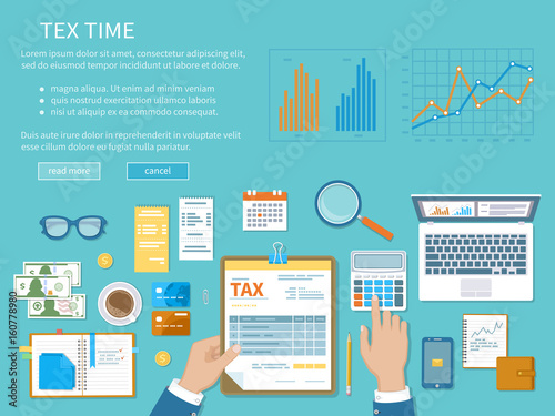 Tax payment concept. State Government taxation, calculation of tax, return. Unfilled blank tax form, calendar, magnifier, money, notebook, calculator, coins, glasses, watches, documents, laptop. 